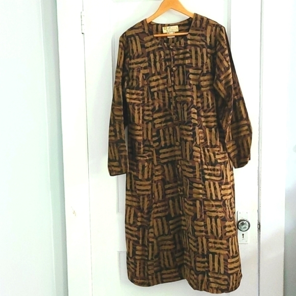 Vintage Geometric Printed Midi Dress, Earth Tones, Large - Picture 1 of 8